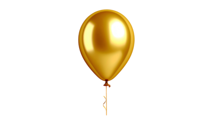 A 3D render of a shiny gold balloon with a ribbon and string against a stark black background
