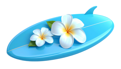A vibrant, glossy light blue surfboard decorated with two realistic white frangipani flowers and one green leaf on a black background