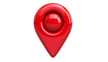 A 3D render of a glossy red location marker, a teardrop shape with a prominent central orb, placed against a black background
