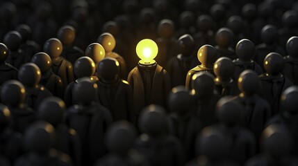 Obraz premium A glowing figure stands out among a crowd of dark, identical silhouettes in a dimly lit scene.