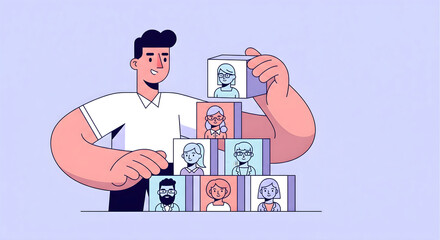 Stacking blocks with portrait of team members for organization building corporate structure