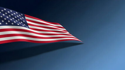 Striking digital illustration of the United States flag featuring iconic stars and stripes gracefully waving against a deep blue gradient background, symbolizing national pride, freedom, and unity