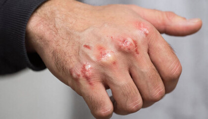 Fototapeta premium Man hand with injury. Skin burn wound and blisters on persons metacarpus. Dermatological problem concept for medical information.