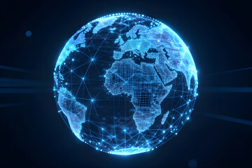 A 3D rendered image of a blue glowing Earth globe, showing a world map formed by interconnected nodes and lines. It represents the concept of a global digital network, technology, communication.