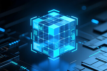 A conceptual 3D render of a luminous, transparent blue cube, containing holographic data panels, charts, and graphs. 