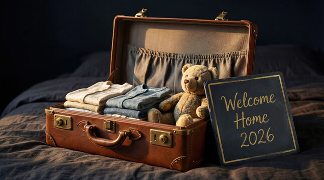 Open vintage suitcase on a bed with baby clothes, a teddy bear and a sign reading Welcome Home 2026. Concept of adoption, foster care, hospital bag preparation and new family beginnings.