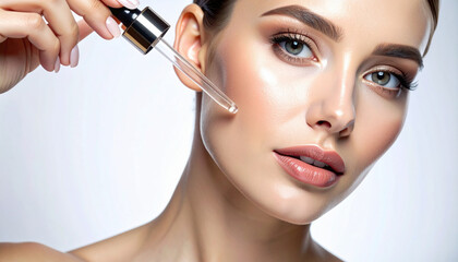 Microdosing therapy for women shown with glowing skin and facial serum dropper, highlighting beauty and wellness concepts