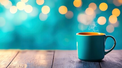 Steam Rising from a Bright Blue Cup on a Wooden Table with Blurry Lights