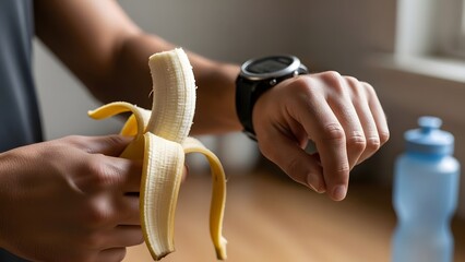 Athlete Eating a Banana While Checking Time Before Workout