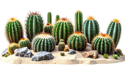 A grouping of several cacti of varying sizes with golden tops, arranged on sand with small rocks