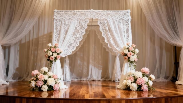 White lace wedding chuppah arch decorated with lush arrangements of blush pink and ivory roses on a polished wooden floor stage.