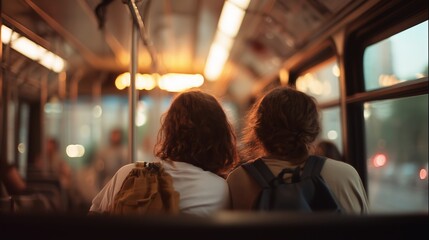 Two friends ride a bus together in the city during the evening hours