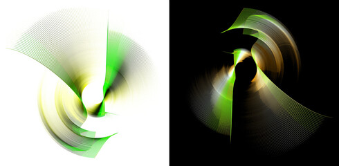 Yellow-green striped abstract blades rotate on white and black backgrounds. Set. Icon, logo, symbol, sign. 3D rendering. 3D illustration. © Svetlana