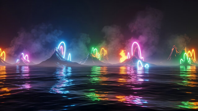 Vibrant futuristic landscape featuring dark mountains topped with glowing neon lights, reflecting in still water under a misty night sky. - Powered by Adobe