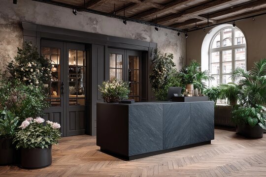 Modern reception area with plants and natural light