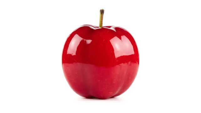 Close-up of a vibrant red acerola cherry, isolated on a clean white studio background.