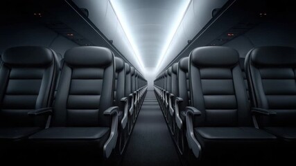 Interior view of an empty airplane cabin featuring sleek black seats and modern overhead lighting design for travel and aviation concepts 4k video footage