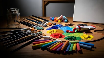 Artist's Painting Supplies and Tools on a Wooden Table