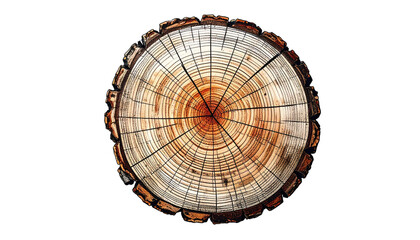 Close-up of a cut tree trunk, revealing concentric rings and radial lines, set against a stark black background