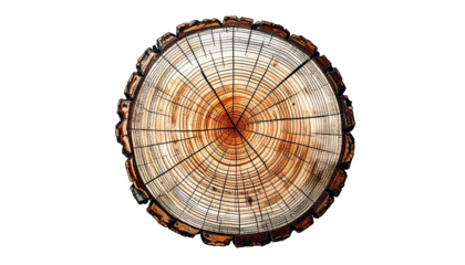 Close-up of a cut tree trunk, revealing concentric rings and radial lines, set against a stark black background