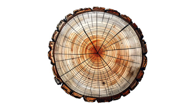 Close-up of a cut tree trunk, revealing concentric rings and radial lines, set against a stark black background - Powered by Adobe