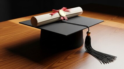 Graduation Cap and Diploma on Wooden Surface