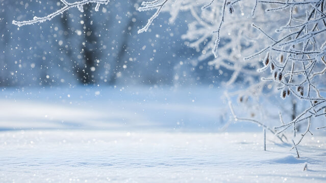 Winter scene with soft falling snow and frost-covered branches creating a magical, serene atmosphere - Powered by Adobe