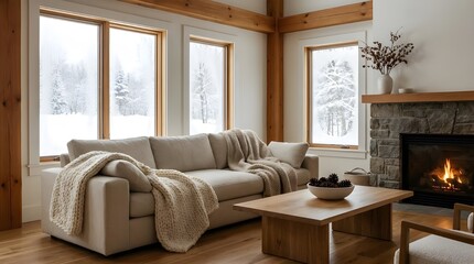 Fototapeta premium Cozy Living Room Fireplace with Knitted Throw Blankets and Wood Accents