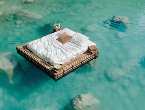Floating bed on a turquoise lake invites to relaxing moments