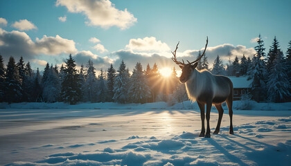 Reindeer standing in snowy winter landscape with sunburst through trees