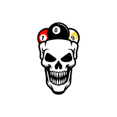 Skull with three balls of pool, billiard sport