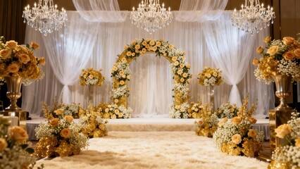 Elegant indoor wedding ceremony backdrop featuring a golden rose floral archway, white sheer curtains, plush aisle runner, and brilliant crystal chandeliers.