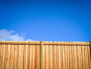 青空の下に並ぶ新しい木製フェンスの正面写真