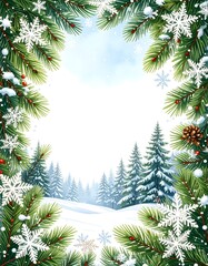 Fototapeta premium Winter Wonderland Frame: Snowy Forest with Festive Pine and Holly