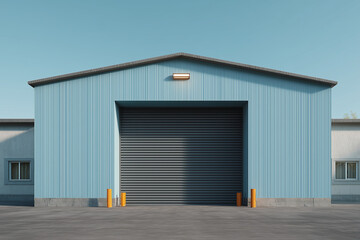 Blue industrial warehouse building with large roll-up door and loading dock