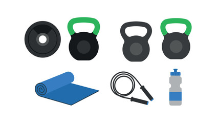 Flat style fitness equipment: kettlebells, weights, yoga mat, jump rope, water bottle