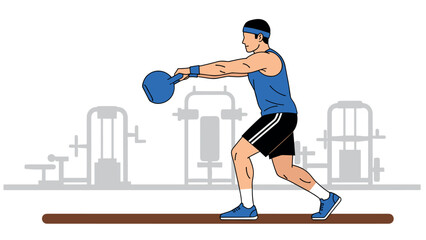 Fototapeta premium Fitness enthusiast swinging kettlebell in gym with equipment background