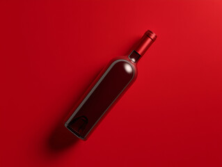 赤い背景の上に置かれた赤ワインボトルを真上から見た写真
