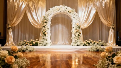 Obraz premium Elegant indoor wedding archway decorated entirely with white roses and baby's breath flowers reflecting on the polished wooden floor.