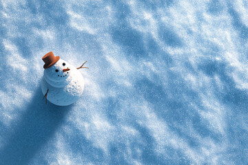 雪原に佇む小さな雪だるまと長い影の上空ビュー