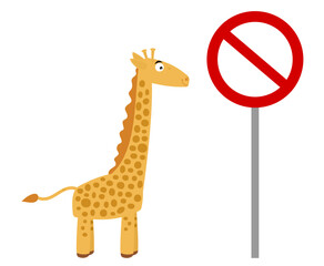 Cute giraffe on profile with prohibition sign on white background - vector
