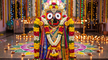 Fototapeta premium Idol of lord jagannath decorated with flowers and garlands during a festival, illuminated by many small oil lamps on a colorful rangoli design on the floor
