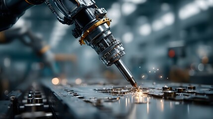 Industrial robot arm with laser cutting tool and sparks Image