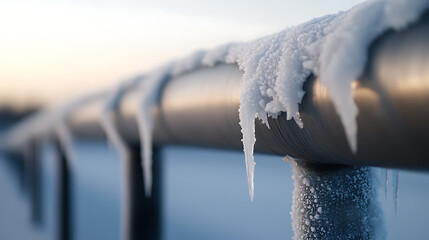 Icy grip of winter: Close-up captures frost and icicles clinging to a metal railing, blurring the cold line between solid and liquid, the stillness of a winter landscape.