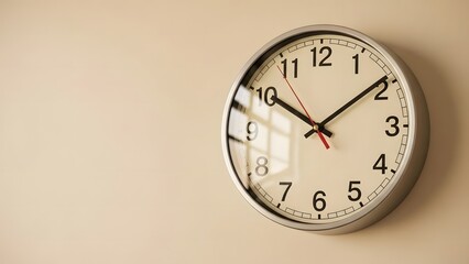 Modern wall clock with a clean white face and black numerals, reflecting light and showing the current time accurately on a neutral background