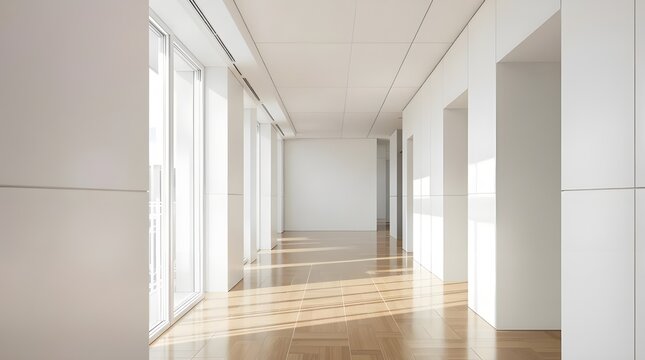 Long empty modern hallway with sunlit wooden floor and white walls