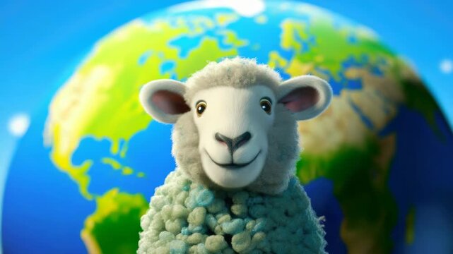 Stylish and cute 3D animation of a sheep character with a friendly smile against the backdrop of planet Earth.