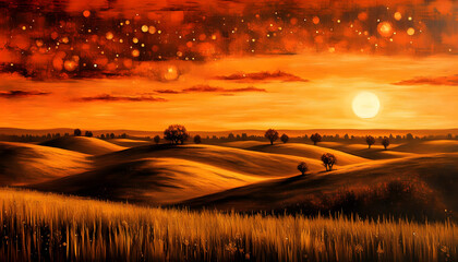 Golden sunset landscape with rolling hills and starry sky