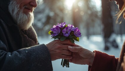An old man, the month of April, gives a girl a bouquet of violets. A fairytale illustration for the Czech fairy tale "About the Twelve Months."