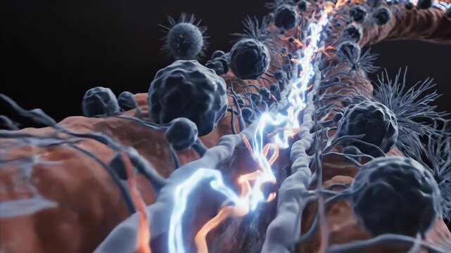 Ascending pain pathways moving through the dorsal horn, with neural circuits glowing as signals travel upward. Microglia and support cells sit quietly in the background